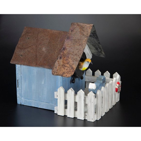 Rustic Nautical Blue Birdhouse Picket Fence Tin Roof Upcycled - Picture 2 of 3